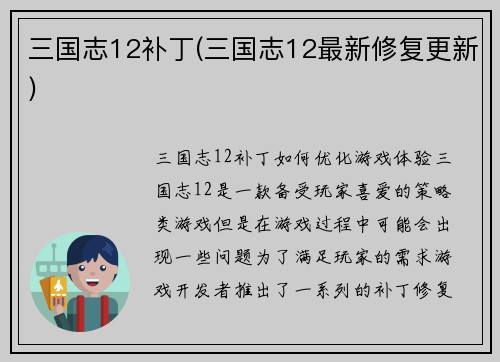 三国志12补丁(三国志12最新修复更新)